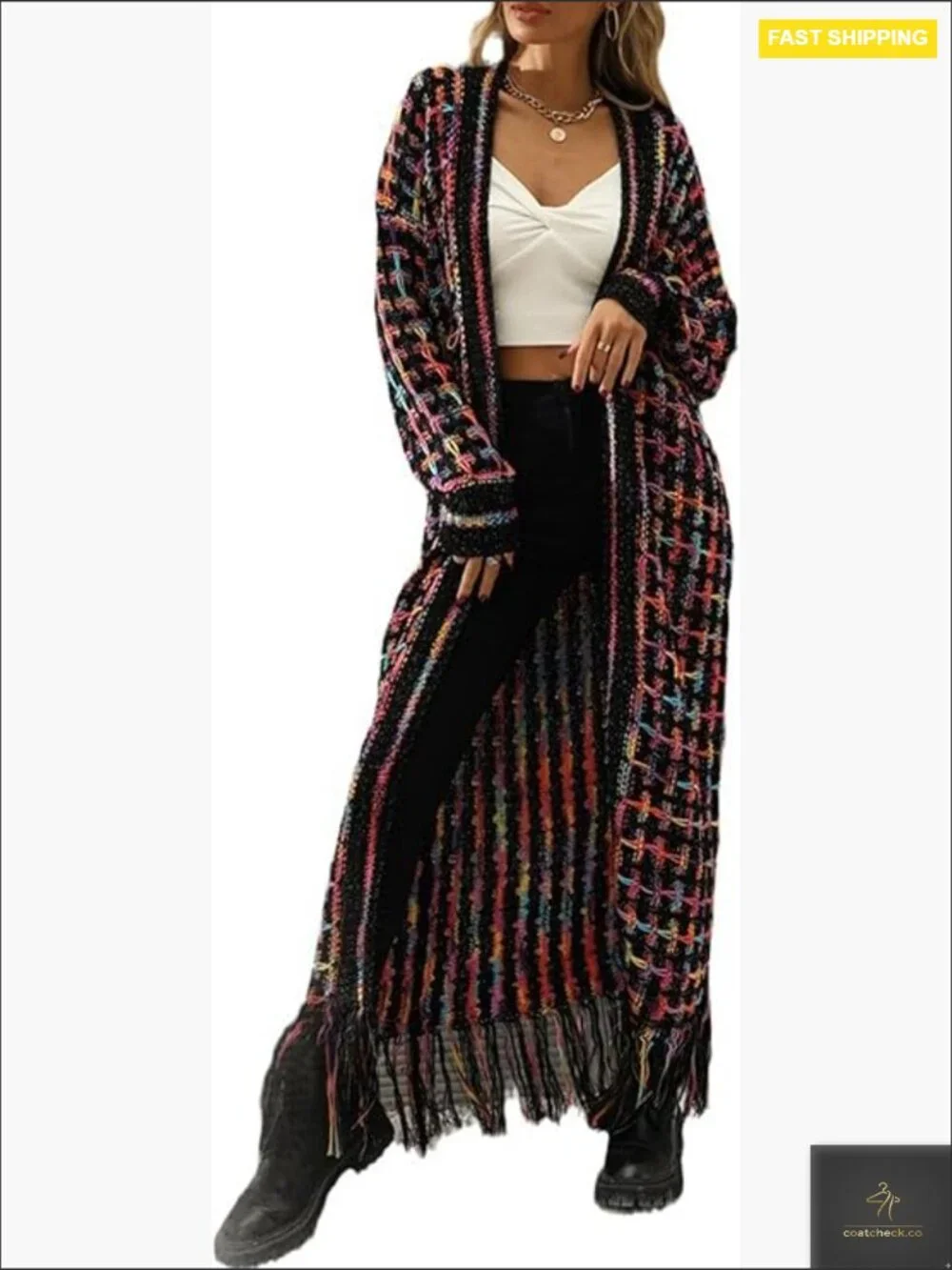 Oversized Boho Aztec Cardigan Sweater Open Front Fringed Tassels Long Duster